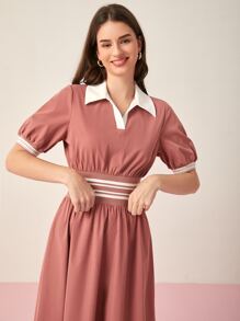Mulvari Contrast Collar A-line Dress - Dusty Pink - View 3