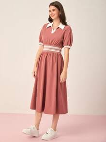 Mulvari Contrast Collar A-line Dress - Dusty Pink - View 4