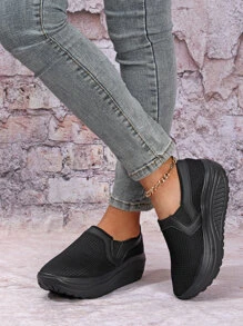 Minimalist Slip On Rocking Shoes,New Fashion Breathable Mesh Thick-Soled Rocker Shoes With Slope Heels And Solid Colors For Women In Spring And Summer,Sneakers For Women - Black - View 1