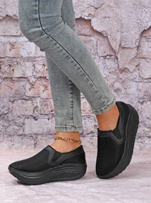 Minimalist Slip On Rocking Shoes,New Fashion Breathable Mesh Thick-Soled Rocker Shoes With Slope Heels And Solid Colors For Women In Spring And Summer,Sneakers For Women - Black - View 2