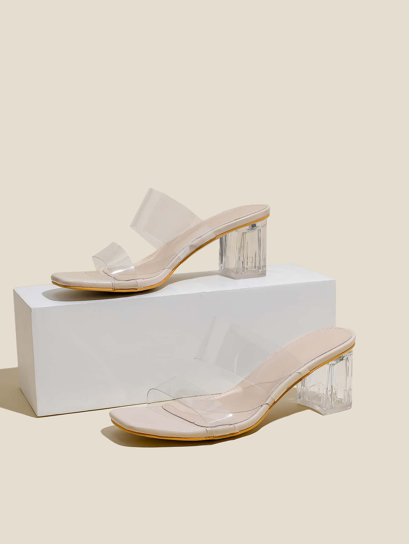 Spring/Summer Women Clear Strap Chunky Heeled Mule Sandals, Fashionable Open Toe Sandals For Daily - Clear - View 1