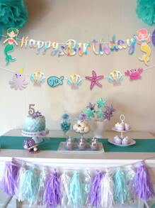 14pcs/set Mermaid & Starfish Pattern Birthday Party Pull Flag, Cartoon Shell & Fish Decor Paper Banner For Party
