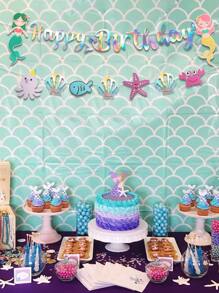 14pcs/set Mermaid & Starfish Pattern Birthday Party Pull Flag, Cartoon Shell & Fish Decor Paper Banner For Party