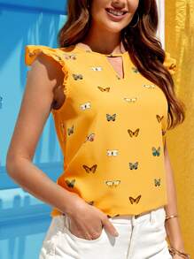 SHEIN Clasi 蝴蝶圖案荷葉邊襯衫 - 黃色 - 查看 4