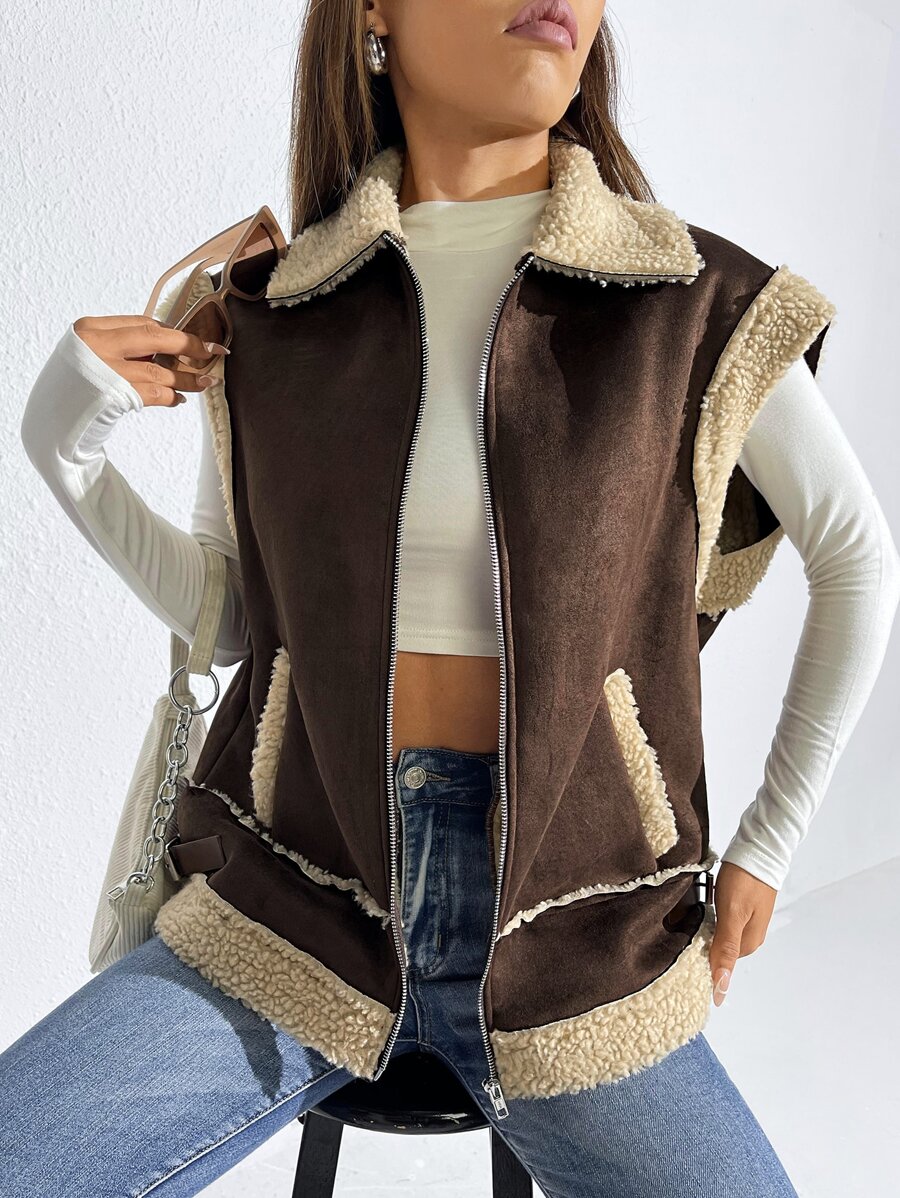 SHEIN EZwear Zip Up Contrast Teddy Vest Jacket - Chocolate Brown - View 1