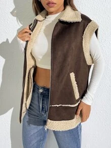 SHEIN EZwear Zip Up Contrast Teddy Vest Jacket - Chocolate Brown - View 4