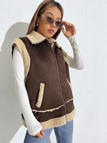 SHEIN EZwear Zip Up Contrast Teddy Vest Jacket - Chocolate Brown - View 6