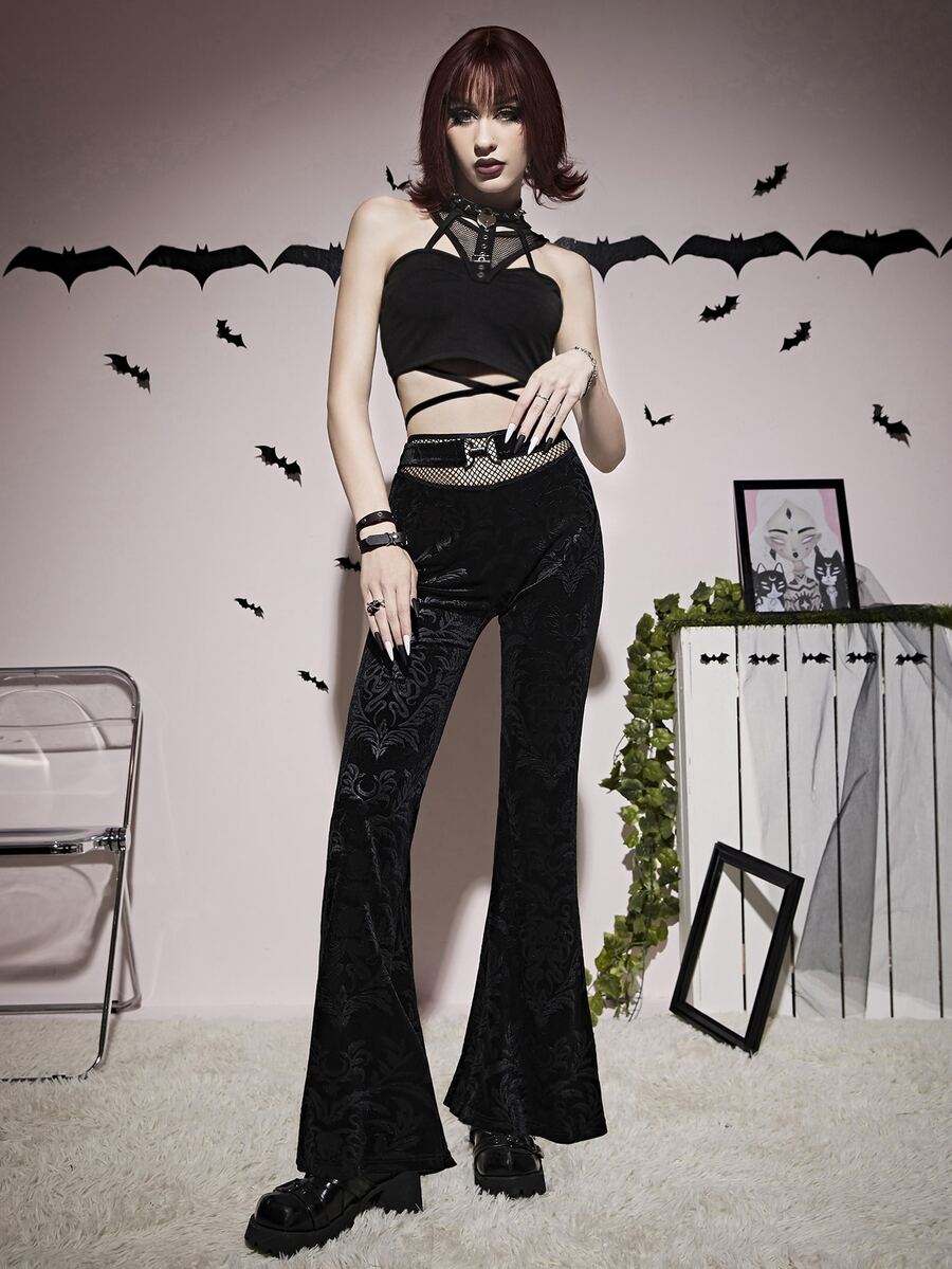 Ring Detail Mesh Insert Jacquard Velvet Flare Leg Trousers - Black - View 1