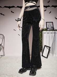 Ring Detail Mesh Insert Jacquard Velvet Flare Leg Trousers - Black - View 3