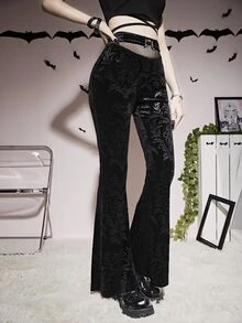 Ring Detail Mesh Insert Jacquard Velvet Flare Leg Trousers - Black - View 4