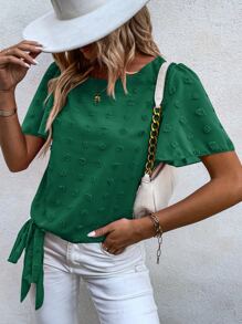 SHEIN LUNE Swiss Dot Butterfly Sleeve Knot Hem Blouse