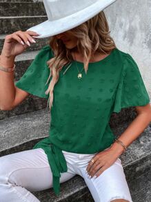 SHEIN LUNE Swiss Dot Butterfly Sleeve Knot Hem Blouse