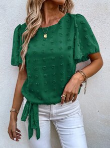 SHEIN LUNE Swiss Dot Butterfly Sleeve Knot Hem Blouse