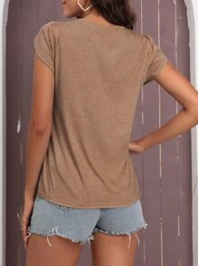 SHEIN LUNE Petal Sleeve V Neck Tee - Khaki - View 2