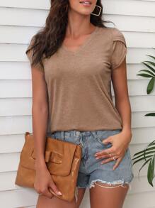 SHEIN LUNE Petal Sleeve V Neck Tee - Khaki - View 3