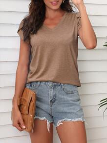 SHEIN LUNE Petal Sleeve V Neck Tee - Khaki - View 5