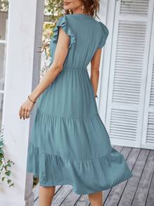 Vestido de manga con volante bajo con fruncido - Neblina azul - Ver 2