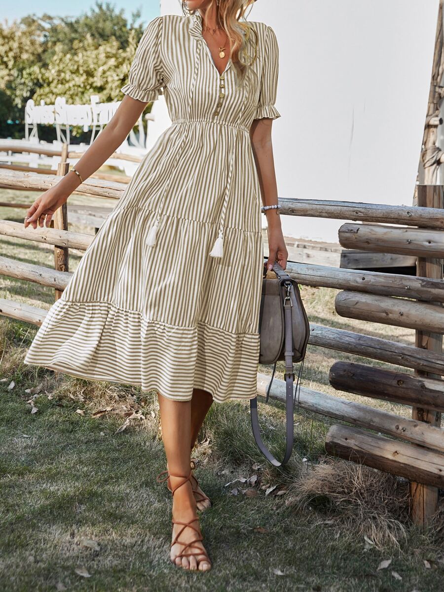 SHEIN VCAY Vertical Striped Flounce Sleeve Tassel Tie Neck Ruffle Hem Dress - Khaki - View 1