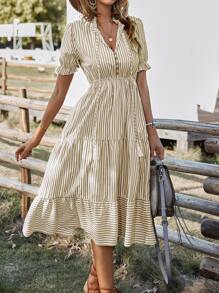 SHEIN VCAY Vertical Striped Flounce Sleeve Tassel Tie Neck Ruffle Hem Dress - Khaki - View 3