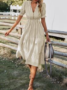 SHEIN VCAY Vertical Striped Flounce Sleeve Tassel Tie Neck Ruffle Hem Dress - Khaki - View 4