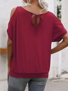 SHEIN LUNE Solid Cold Shoulder Tie Back Tee - Burgundy - View 2