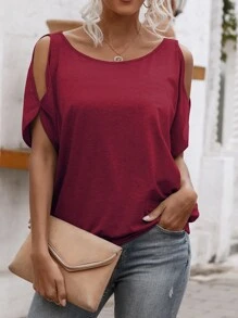 SHEIN LUNE Solid Cold Shoulder Tie Back Tee - Burgundy - View 4