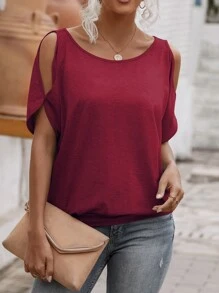 SHEIN LUNE Solid Cold Shoulder Tie Back Tee - Burgundy - View 5