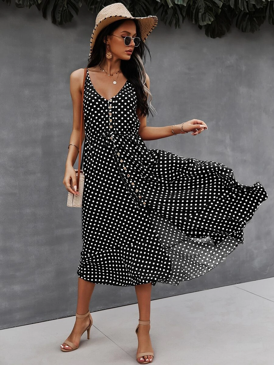SHEIN VCAY Button Through Drawstring Waist Polka Dot Cami Dress - Black - View 1