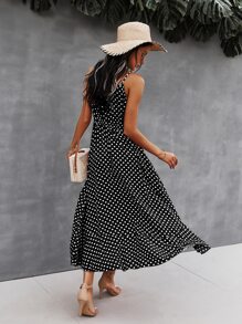 SHEIN VCAY Button Through Drawstring Waist Polka Dot Cami Dress - Black - View 2