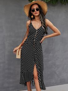 SHEIN VCAY Button Through Drawstring Waist Polka Dot Cami Dress - Black - View 3