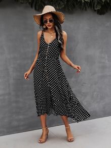SHEIN VCAY Button Through Drawstring Waist Polka Dot Cami Dress - Black - View 4