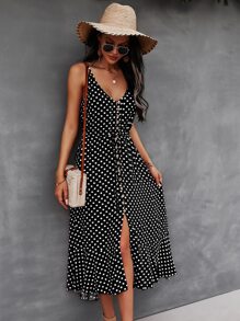 SHEIN VCAY Button Through Drawstring Waist Polka Dot Cami Dress - Black - View 5