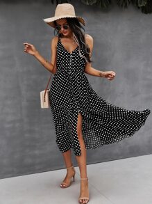 SHEIN VCAY Button Through Drawstring Waist Polka Dot Cami Dress - Black - View 6