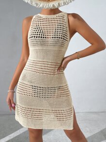 SHEIN Clasi Summer Beach Hollow Out Cut Out Back Slit Hem Cover Up Dress Without Bikini Set - Apricot - View 5