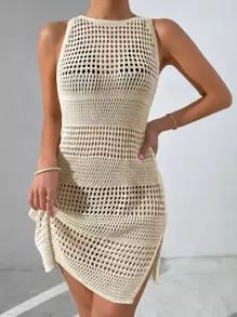 SHEIN Clasi Summer Beach Hollow Out Cut Out Back Slit Hem Cover Up Dress Without Bikini Set - Apricot - View 7