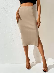 Chiquease 高腰高衩針織短裙 - 卡其色 - 查看 3