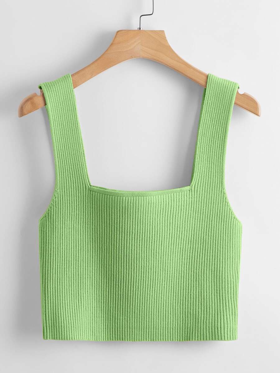 SHEIN Unity Solid Ribbed Knit Top - Lime Green - View 1