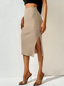 Chiquease 高腰高衩針織短裙 - 卡其色 - 查看 6