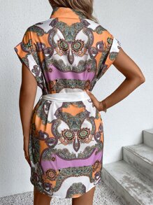 Paisley Print Belted Shirt Dress - Multicolor - View 2