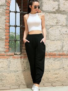 EURMUSE Solid Slant Pocket Joggers - Black - View 4