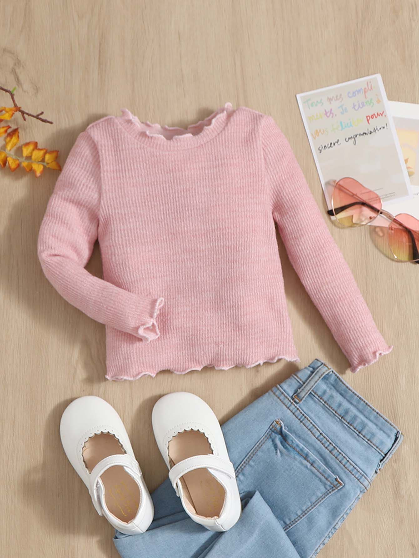 SHEIN Bebé Camiseta ribete en forma de lechuga tejido de canalé - Rosa Pálido - Ver 1