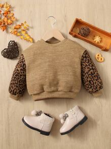 SHEIN Leap Crew Baby Girl Leopard Print Sweatshirt - Mocha Brown - View 1