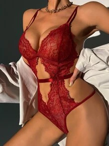 Classic Sexy Backless Cut-out Lace Teddy Bodysuit - Burgundy - View 1