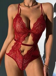 Classic Sexy Backless Cut-out Lace Teddy Bodysuit - Burgundy - View 3