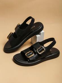 Women Buckle Decor Slingback Sandals, Fashion Summer Flat Sandals - Black - View 2