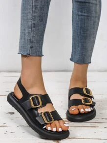 Women Buckle Decor Slingback Sandals, Fashion Summer Flat Sandals - Black - View 3