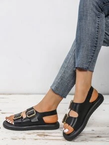 Women Buckle Decor Slingback Sandals, Fashion Summer Flat Sandals - Black - View 4