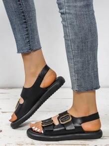 Women Buckle Decor Slingback Sandals, Fashion Summer Flat Sandals - Black - View 6
