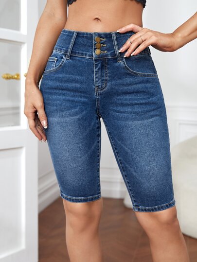 SHEIN Essnce 斜口袋緊身牛仔短褲
