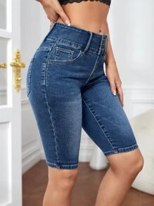 SHEIN Essnce 斜口袋緊身牛仔短褲 - 中等水洗藍 - 查看 4